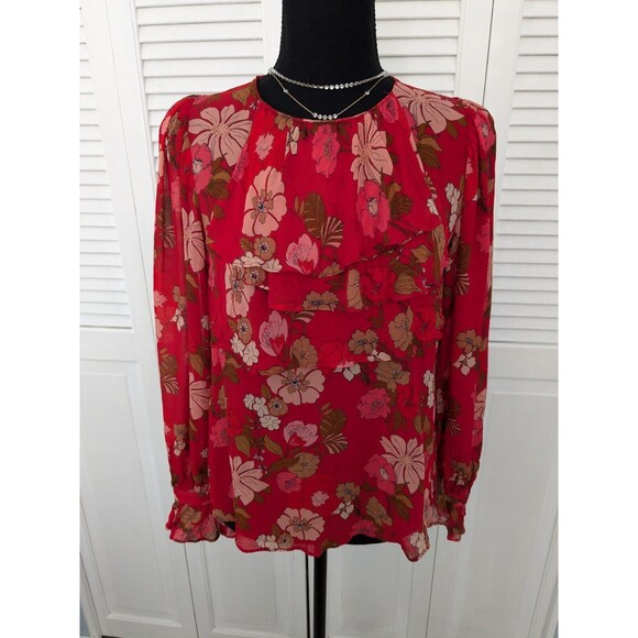 Zara Blouse Womens sz M Red Floral Print Ruffle Sheer Romantic Boho Chic Peasant - Picture 1 of 15